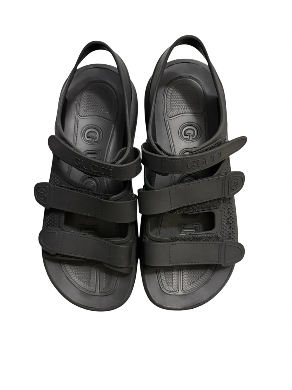 Gucci Black Rubber Honeycomb Strap Sandals, Size 8